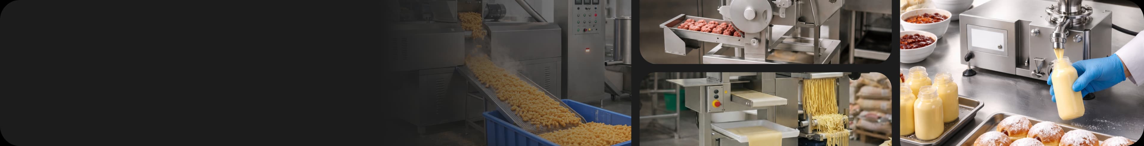 Automated food depositing and extrusion line producing pasta products, batter filling systems and portion forming machinery