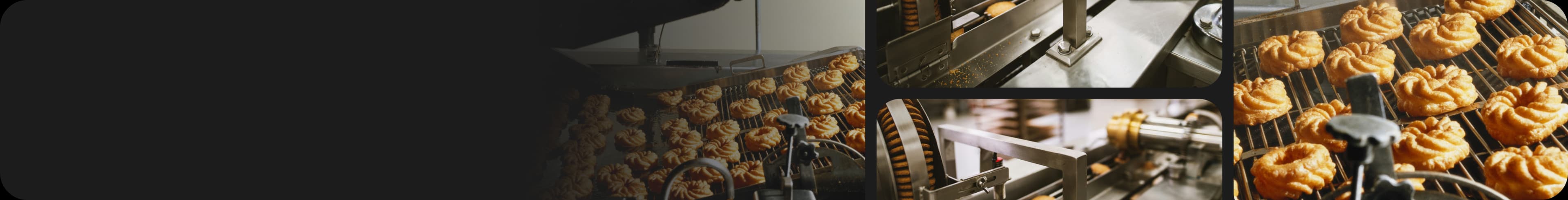 Industrial bakery production line with cookie depositing machines, conveyor baking racks and pastry forming equipment