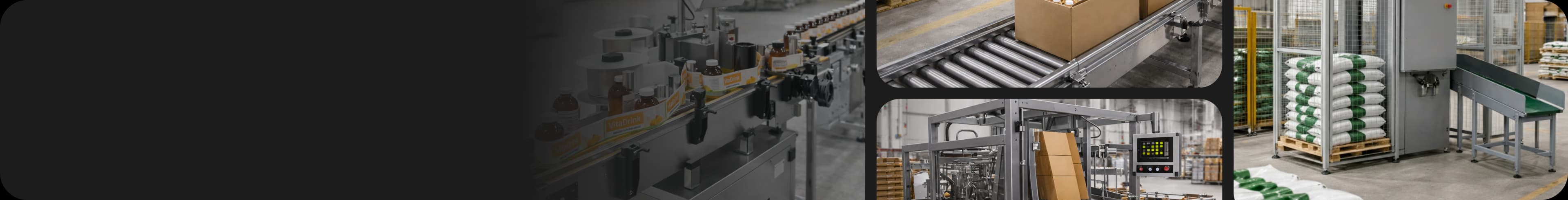 Industrial packaging line with carton conveyor systems, automated bag filling machinery and pallet packaging equipment